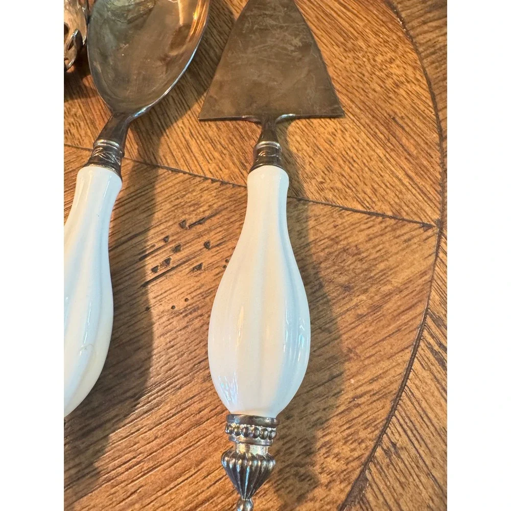 Godinger Silver Plated Serving Set 5pc White‎ Ceramic Handles Vintage Flatware